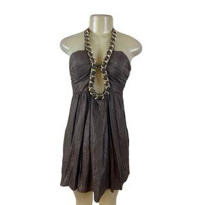 Verdict Brown Chain Halter Dress Women’s Sleeveless Open Front Ruched Sz S